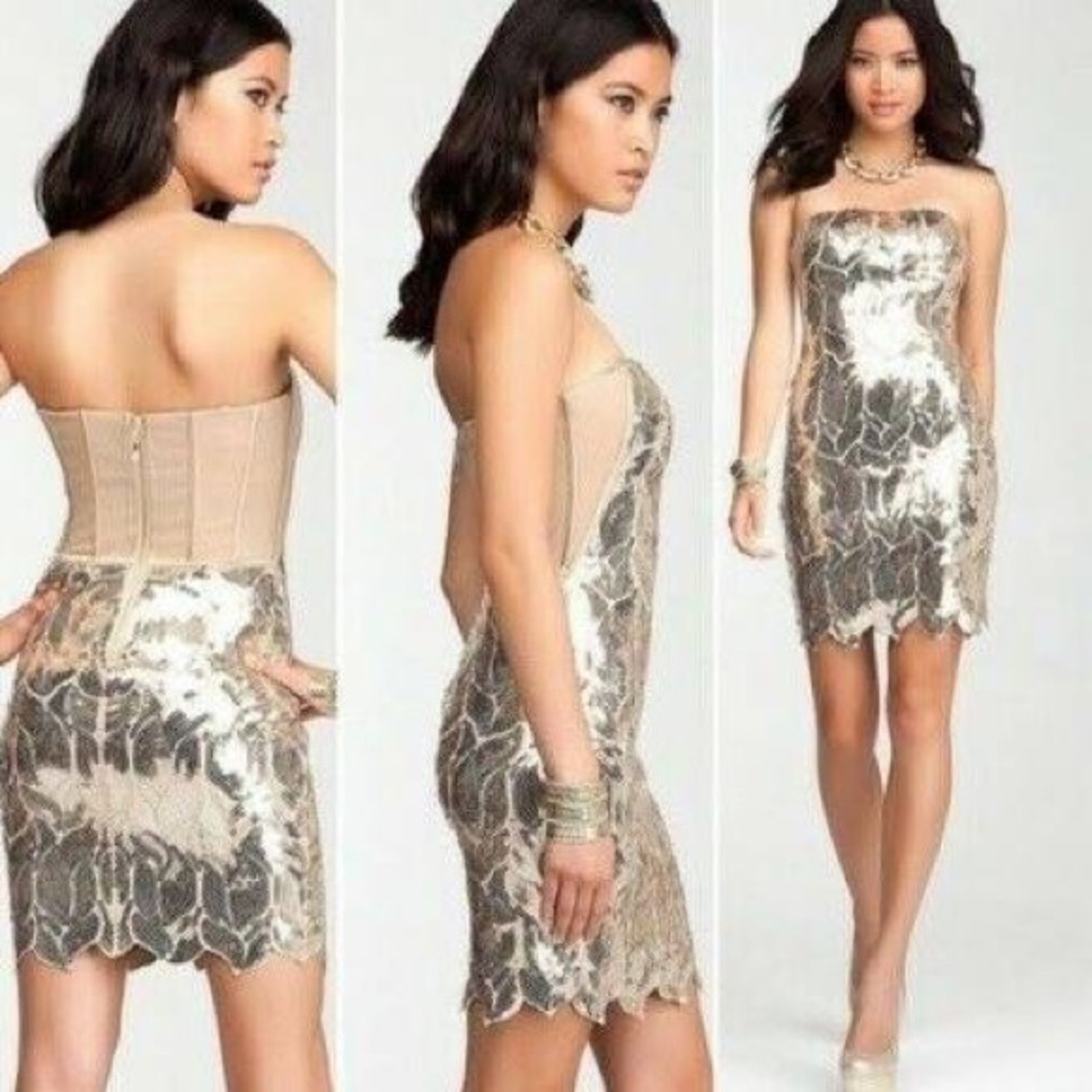 Bebe gold sequined strapless mini dress